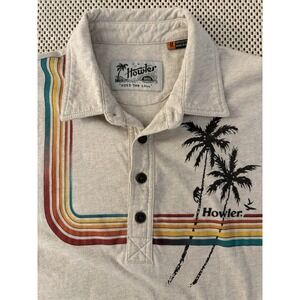 Howler Brothers Shirt Mens Medium Rookery Short‎ Sleeve Polo Striped Palm Beige